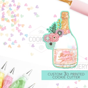 Floral Chubby Champagne Bottle Cookie Cutter - Champagne Cookie Cutter  - Bottle with Florals -  3D Printed Cookie Cutter - TCK26132