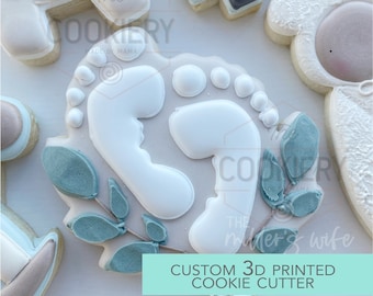 Cortador de galletas con forma de pies de bebé y follaje, ideal para baby shower - Cortador de galletas impreso en 3D - TCK89115