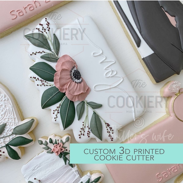 Long Floral Plaque Cookie Cutter- Wedding Plaque Cookie Cutter - 3D Printed Cookie Cutter - TCK89100