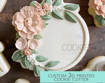 Circle Floral Plaque Cookie Cutter - Wedding Floral Cookie Cutter Plaque - 3D Printed Cookie Cutter - TCK36149