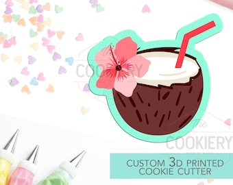 Tagliabiscotti a forma di cocktail di cocco e fiori - Tagliabiscotti per bevande estive - Tagliabiscotti per barbecue estivo - Tagliabiscotti stampato in 3D - TCK22151