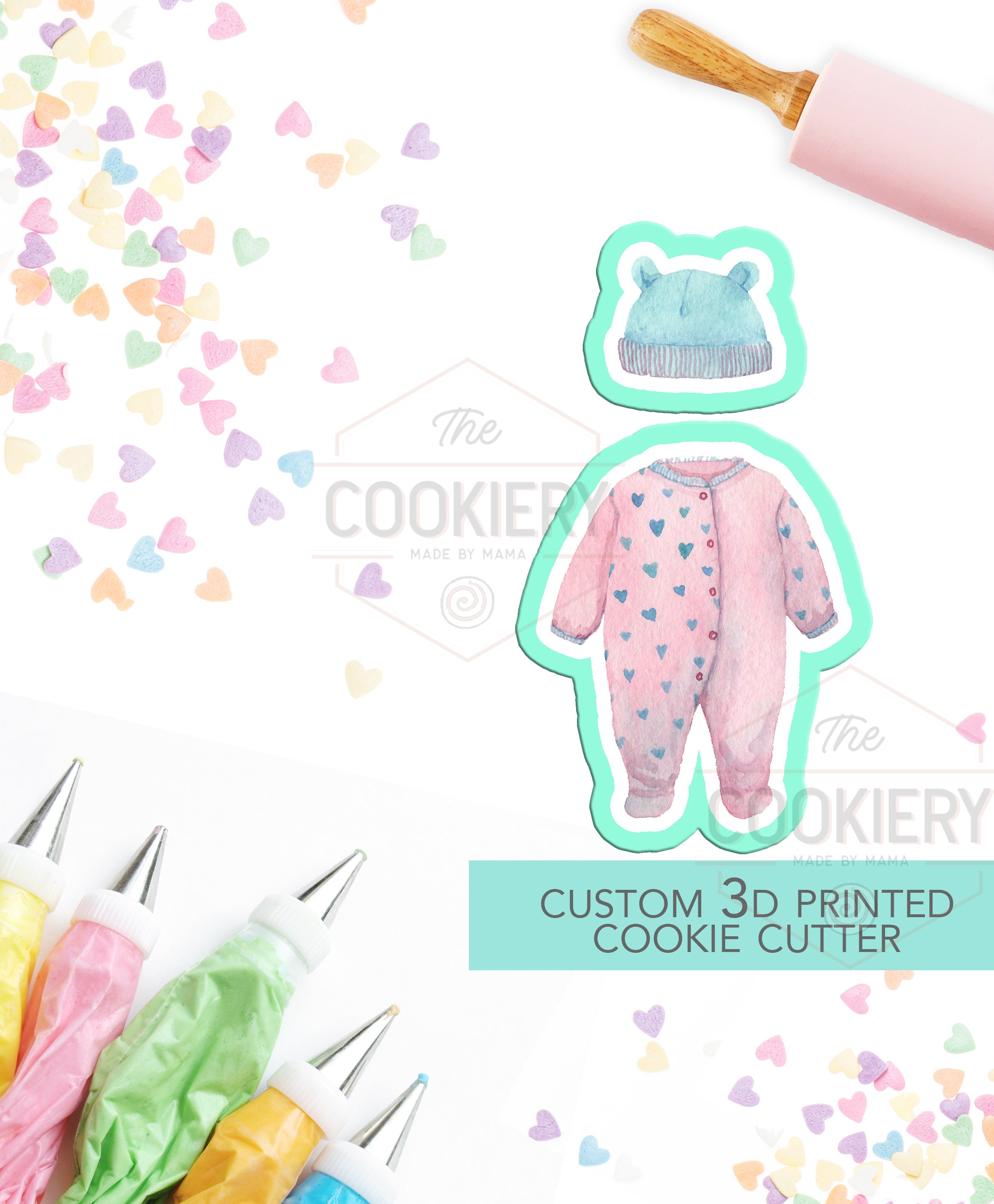 Footed Baby Pajama Set with Cap, Baby Pajamas Cookie - Baby Shower Cookie - 3D Printed Cookie Cutter - TCK32121 - 2pc set