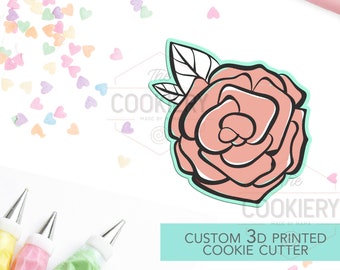 Cortador de galletas con forma de rosa y hojas - Cortador de galletas de rosa para el Día de San Valentín - Cortador de galletas impreso en 3D - TCK44105