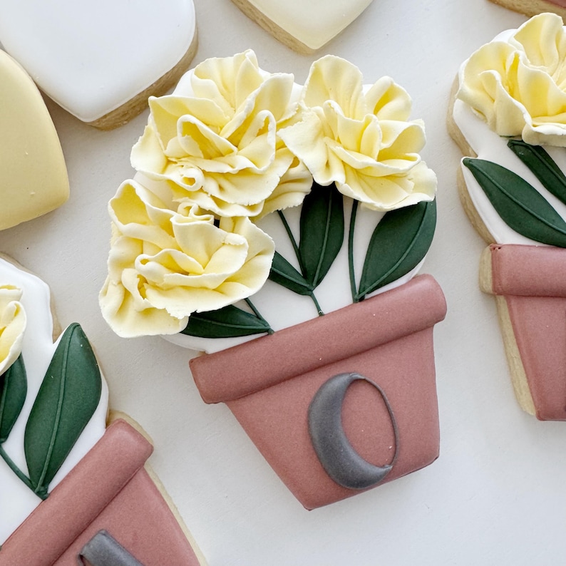 Peut inclure: Un biscuit d&eacute;cor&eacute; en forme de pot rose avec des fleurs jaunes. Le pot a un motif de croissant de lune gris.