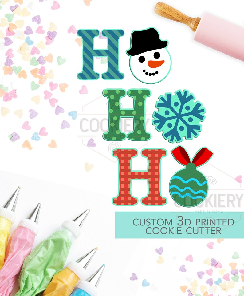 May include: A custom 3D printed cookie cutter set for making Christmas cookies. The set includes a snowman, snowflake, and ornament cookie cutters. The cookie cutters are red, green, and blue with white accents. The text "Ho Ho Ho" is printed on the cookie cutters.