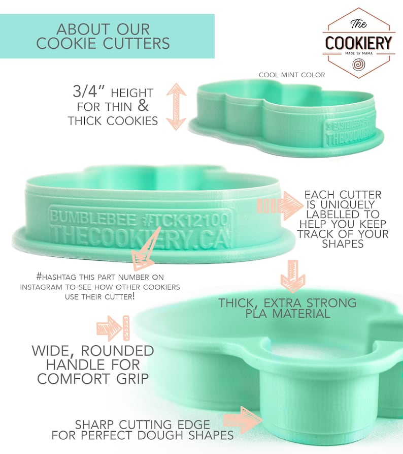 Op de afbeelding: Koekjessnijders in koel mintgroen met een brede, afgeronde handgreep voor comfort. De uitstekers zijn gemaakt van dik, extra sterk PLA-materiaal en hebben een scherpe snijkant. Elke uitsteker is gelabeld om vormen bij te houden. Hoogte ongeveer 1,9 cm.