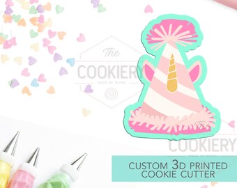 Cortador de galletas con forma de gorro de cumpleaños de unicornio - Lindo cortador de unicornio - Cortador de galletas impreso en 3D - TCK18149