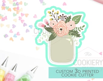 Mason Jar with Flowers Cookie Cutter, Mason Jar Cookie Cutter - 3D Printed Cookie Cutter - TCK58104