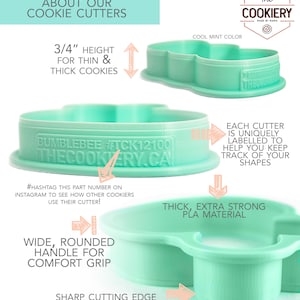 May include: A mint green cookie cutter shaped like a bumblebee. The cutter is 3/4 inch tall and made of thick, extra strong PLA material. It has a wide, rounded handle for a comfortable grip and a sharp cutting edge for perfect dough shapes. The cutter is uniquely labelled with the hashtag #TCK12100 and the website THECOOKERY.CA.