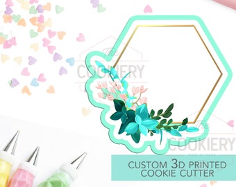 Floral Hexagon Cookie Plaque Cutter - Vintage Floral Frame Cutter - 3D Printed Cookie Cutter - TCK36124