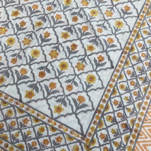 Hand block tablecloth, yellow daisy print,cotton rectangle table cloth, spring summer outdoor table dining