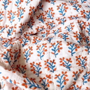 Baby quilt , baby essentials, hand block print ,organic cotton,baby nursery, toddler blanket, cozy blanket,orange and pink flowers