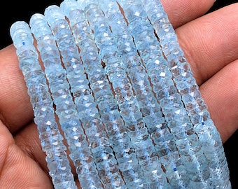 Natural Blue Aquamarine Faceted Heishi Tyre Beads, Handmade Gemstone Beads, SKU305
