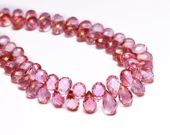 Cuentas de cristal rosa natural facetadas tipo briolette, tira de 23 cm (SKU1904)