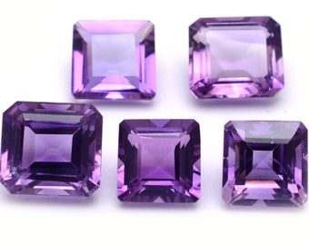 May include: Five purple amethyst gemstones cut in a square emerald shape.
