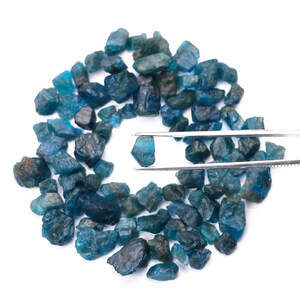 May include: A collection of blue-green apatite crystals, some of which are being held by a pair of tweezers. The crystals are various sizes and shapes, and they have a glassy luster.