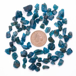 May include: A collection of blue-green gemstone chips, scattered around a British one pound coin. The coin features a portrait of Queen Elizabeth II.