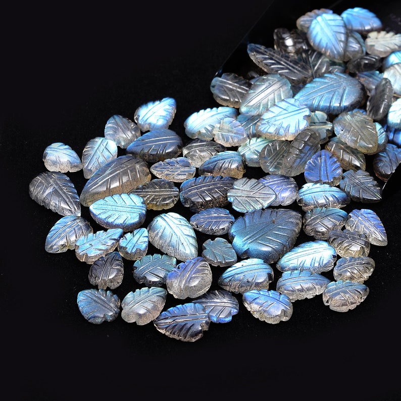 Blue Flash Labradorite Carving Leaf Loose Gemstone, 6x8 mm To 12x19 mm, Black Rainbow Labradorite Leaves, Labradorite Gemstone (SKU618) image 3