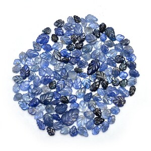 May include: A collection of blue leaf-shaped gemstones in varying shades of blue and black, arranged on a white surface. The gemstones are carved with intricate leaf vein details, creating a naturalistic aesthetic.