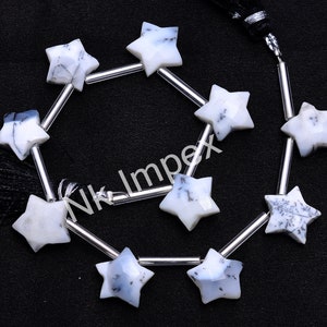 May include: A strand of white and black star-shaped opal beads separated by silver spacers. The beads are strung on a silver chain with a black tassel.