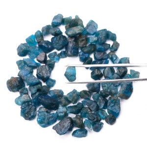May include: A collection of blue-green apatite crystals, some of which are being held by a pair of tweezers. The crystals are various sizes and shapes, and have a glassy luster.