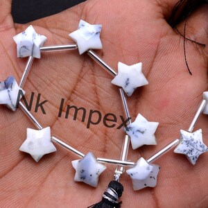 May include: A strand of white and black star-shaped gemstone beads strung on silver wire with a black tassel. The beads are approximately 10mm in size.