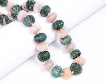 Emerald And Pink Opal Melon Carving Beads, Hand Carved Rondelle Beads, Strand Length 16 Inch, Jewelry Beads, Wholesale Beads, SKU 2824