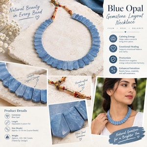 Peut inclure: Un collier en opale bleue composé d'une série de perles en forme de bouclier disposées en cercle. Le collier comprend un cordon avec des accents métalliques dorés et des détails en fils rouge et jaune. Les perles mesurent 12-18 mm.
