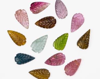 14X8MM Tourmaline Leaf Carving, 13 Pcs Lot Of Carvings, Multicolour Gemstone Jewelry Making, Wholesale gemstone lot, SKU2693