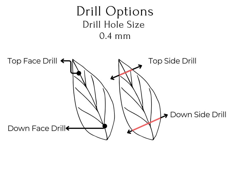 May include: Diagram showing four different drill options for a leaf-shaped object. The options are labeled "Top Face Drill", "Down Face Drill", "Top Side Drill", and "Down Side Drill". The drill hole size is 0.4 mm.