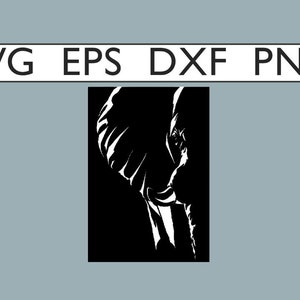 May include: Black and white silhouette of an elephant's head, facing right, with a detailed depiction of the trunk and tusks.