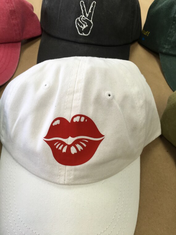 Custom Hat W/ Red Lips Symbol on White Colored Cotton Hat Etsy
