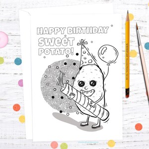 Tarjeta de cumpleaños imprimible de batata para colorear para adultos divertidos - Juego de palabras tonto, tarjeta de felicitación interactiva - Tarjeta de cumpleaños de papa
