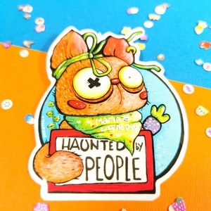 Glossy Vinyl Cat Sticker - Funny Ginger Cartoon Cat Sticker - Haunted By People - Funny Cat Sticker - Stickers By Artist - Cat Lover Gift