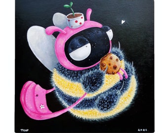 ¡Abeja tú! BeBe Buzzleton the Bumblebee Original Painting Cute Cartoon Pop Surreal Bee In a Pink Hat With Her Plant Friend and A Cookie