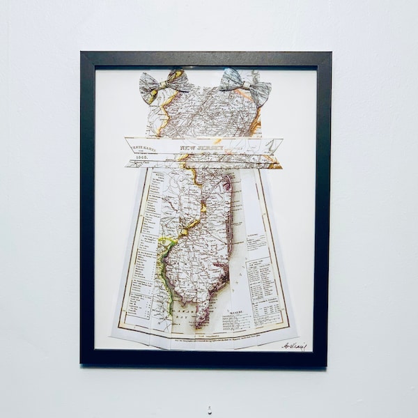 Vintage Print Of New Jersey! Hand Folded Map Origami Dress Picture & Wall Hanging Framed In Black Shadow Box