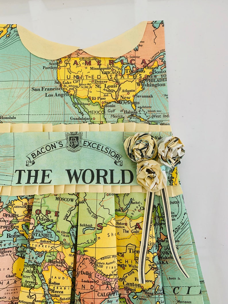 The World Hand Folded Paper Map Origami Dress Wall Hanging Etsy