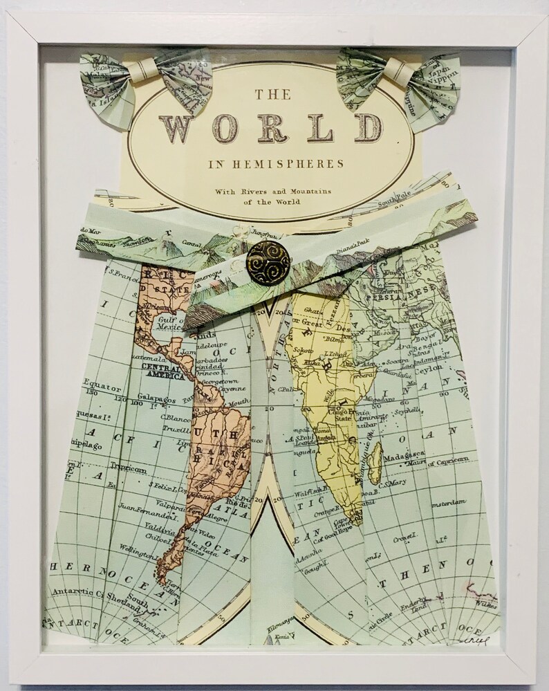 The World Hand Folded Paper Map Origami Dress Wall Hanging Etsy