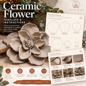 May include: A ceramic flower craft kit featuring a sculpted clay flower with layered petals, a printed cutting template with petal shapes, and a step-by-step instruction sheet with photos for creating handmade clay flowers.