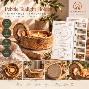 May include: A speckled brown and tan ceramic tealight holder with a circular handle and a central candle cup. The set includes printable instruction sheets with diagrams and text labeled Pebble Tealight Holder by House of Yaa.