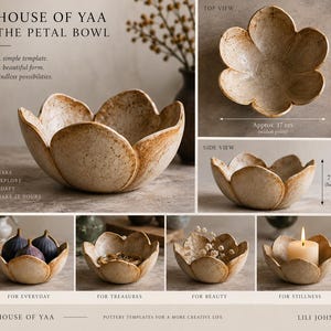 May include: A beige ceramic bowl shaped like a flower with speckled brown details. Text includes HOUSE OF YAA THE PETAL BOWL. Dimensions shown are 17 cm at the widest point and 7 cm in height. The bowl is displayed holding figs, jewelry, flowers, and a candle.