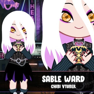 Może przedstawiać: Cyfrowa ilustracja postaci chibi o białych włosach, ubrana w czarną i fioletową sukienkę z serduszkowym wisiorkiem i trzymająca złoty przedmiot. Postać jest opisana jako "SABLE WARD CHIBI VTUBER".