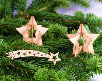 Holzsterne-Set Weihnachtsdekoration (zwei Sterne zum Zusammenstecken und eine Sternschnuppe)