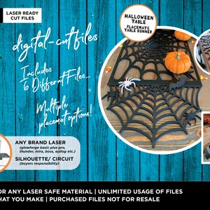 May include: Digital cut files for Halloween table placemats and table runners. The image shows a black spiderweb design with pumpkins and spider decorations. The text includes "Digital Download" and "Laser Ready Cut Files."
