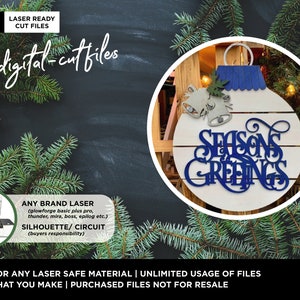 SVG FILE | 18&quot; Christmas Holiday Door Round, Seasons Greetings Sign • Laser ready (Any Size Glowforge Laser or Laser Type Machine)