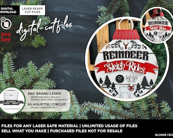 SVG DXF CUT File | 18&quot; Christmas Holiday Door Round, Sleigh Ride Sign | Laser ready file (Any Size Glowforge Laser or Laser Type Machine)