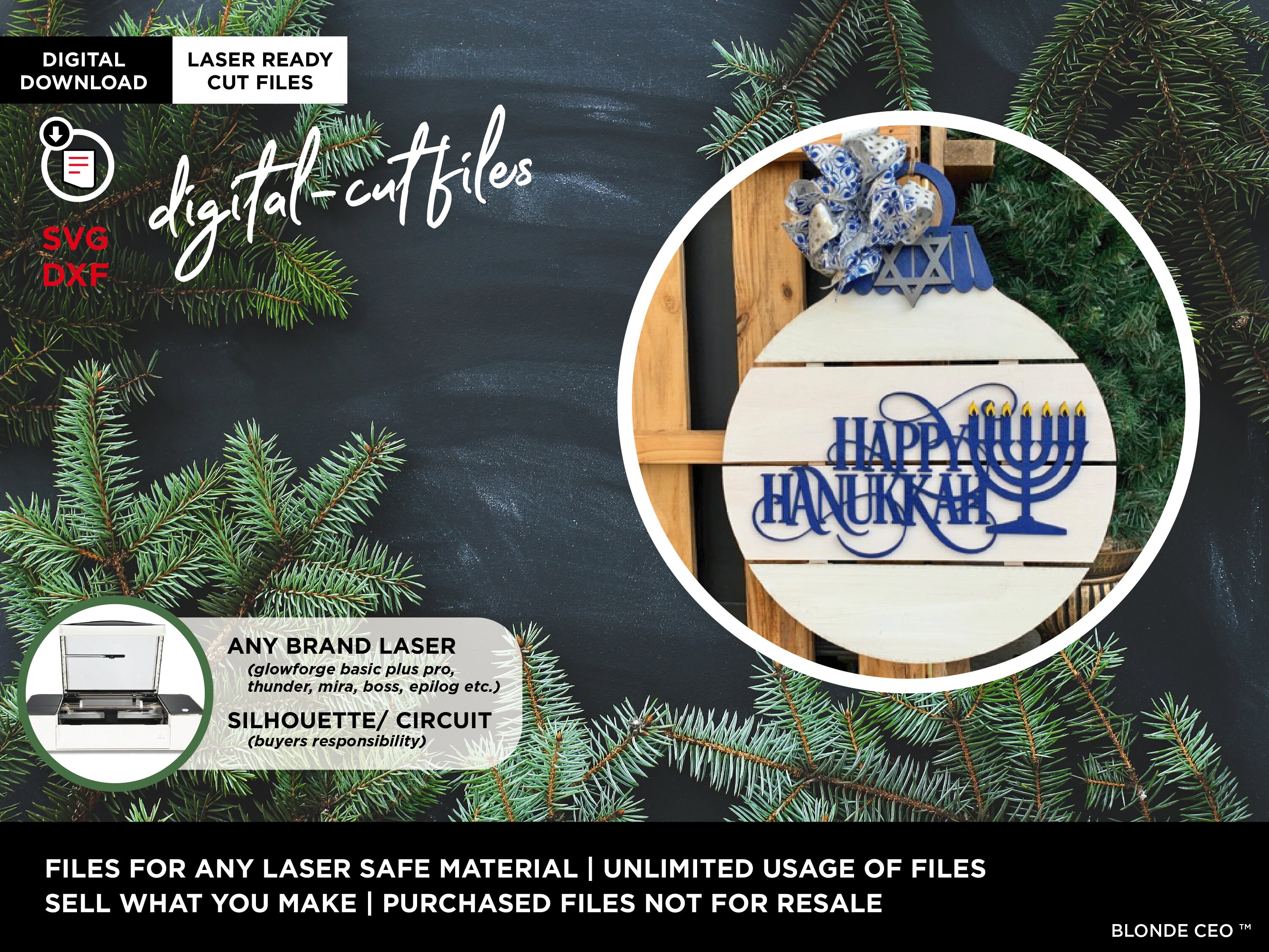 SVG DXF File | 18" Happy Hanukkah Kinara Kwanzaa Door Round | Laser ready file (Any Size Glowforge Laser or Laser Type Machine)