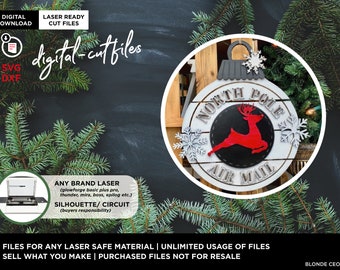 SVG CUT File | 18&quot; Christmas Holiday Door Round, North Pole Air Mail Sign | Laser ready (Any Size Glowforge Laser or Laser Type Machine)