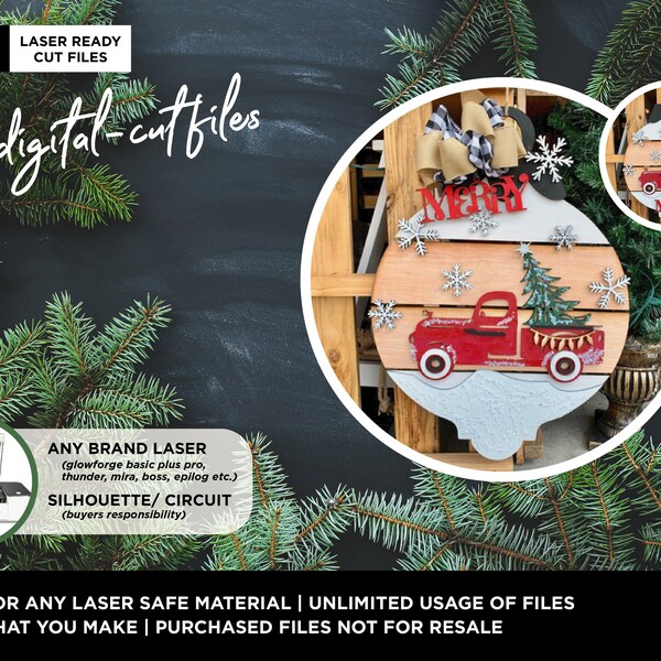 SVG Cut File | 18" Christmas Door Round, Holiday Snow Truck Sign | Laser ready file (Any Size Glowforge Laser or Laser Type Machine)