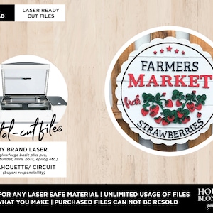 May include: Digital cut files for a Farmers Market sign with strawberries. The sign is white with red and black lettering. The files are compatible with any brand laser cutter, including Glowforge, Thunder, Mira, Boss, and Epilog. The files are also compatible with Silhouette and Cricut machines.